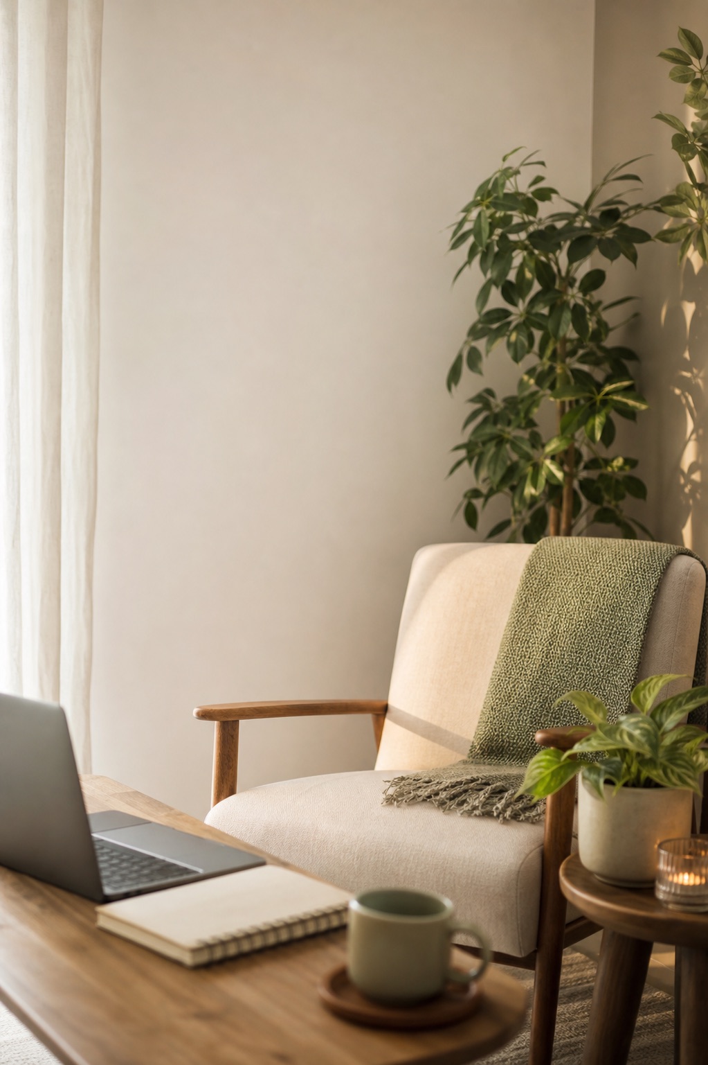 Ambiente acolhedor para terapia online, com poltrona, planta e luz natural